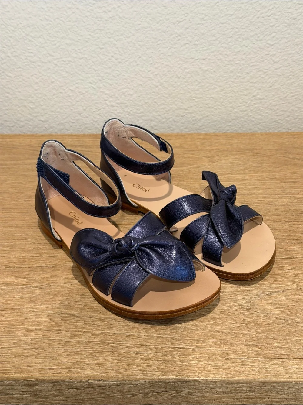 Chloe Girls' Navy Bow Ankle-Strap Sandals